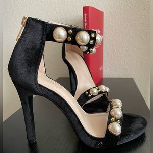 Jacobies - Black Suede High Heels with Pearl Studs - 5.5 US Womens Dress Sandals